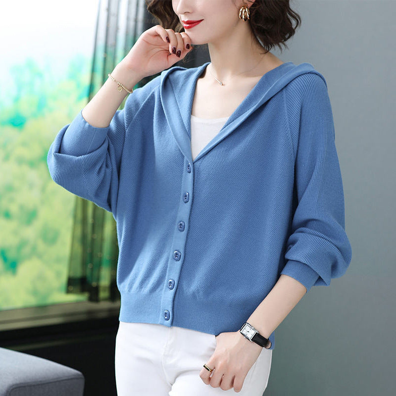 Knitted Cardigan Loose Outerwear Sweater Women's Short Hooded Spring Autumn Fashion Top