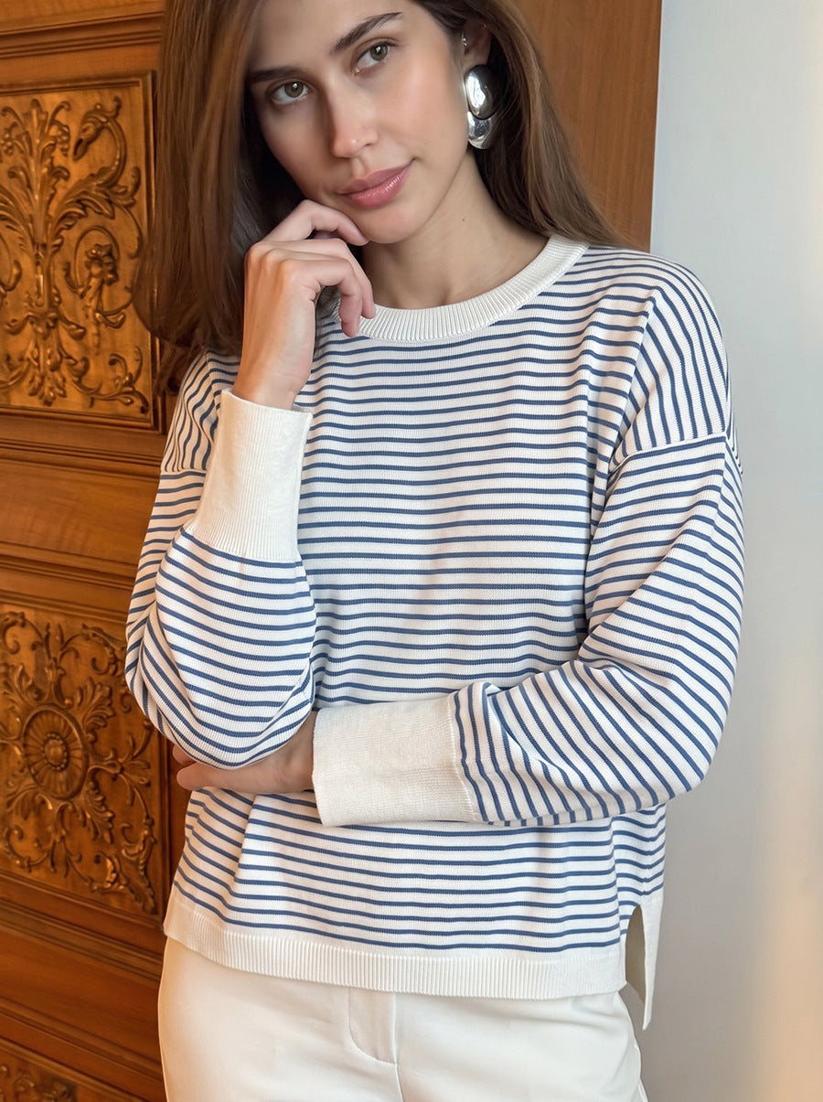 high-end striped sweater for women, loose lazy style chic crewneck top