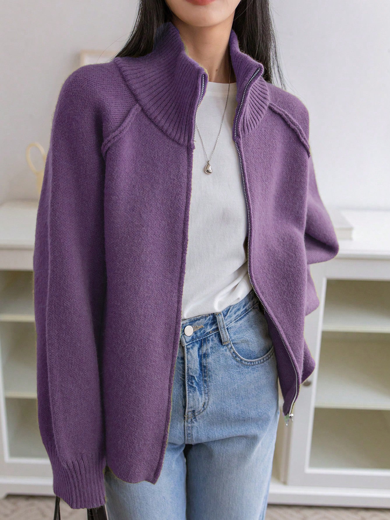Lazy Style Knit Cardigan Coat for WomenSolid Color Stand Collar Zipper Sweater Top