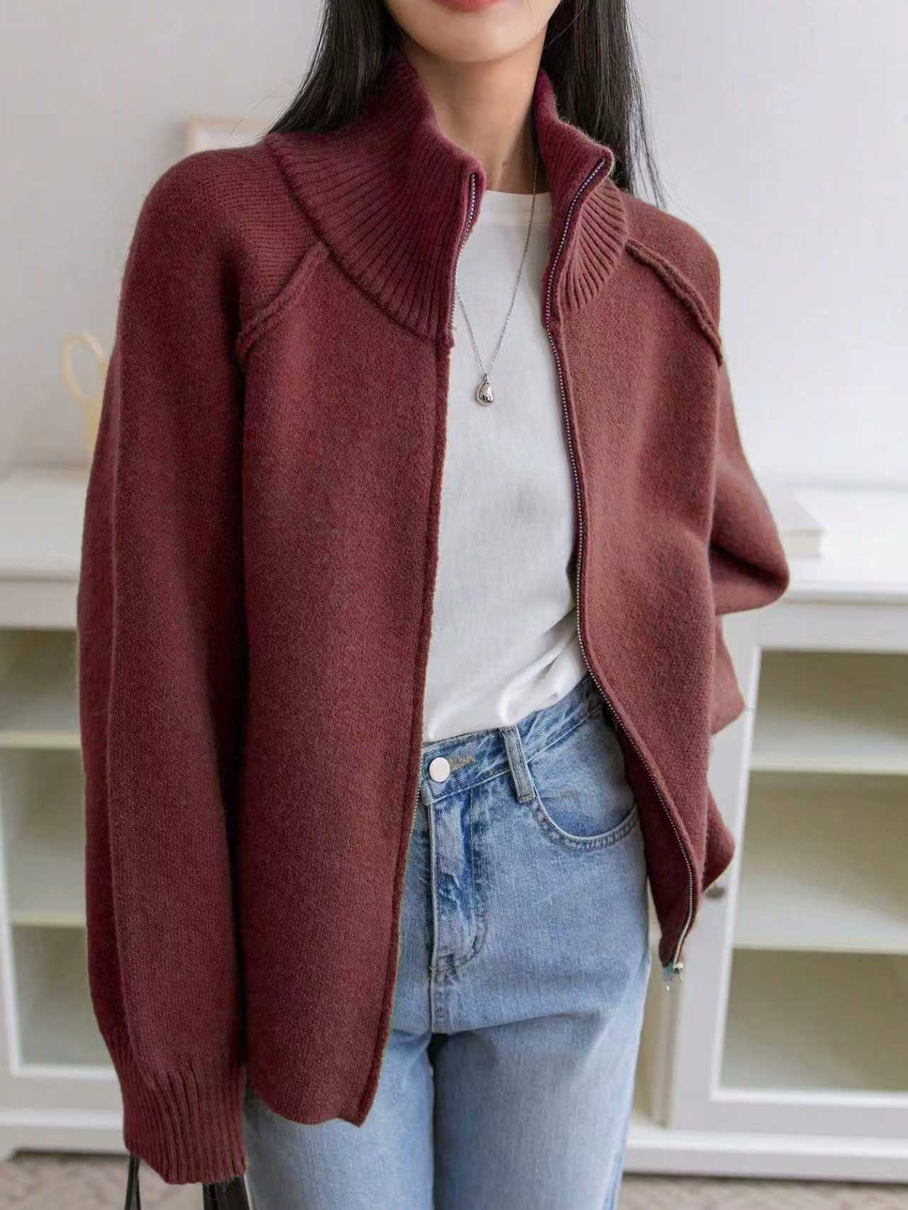 Lazy Style Knit Cardigan Coat for WomenSolid Color Stand Collar Zipper Sweater Top