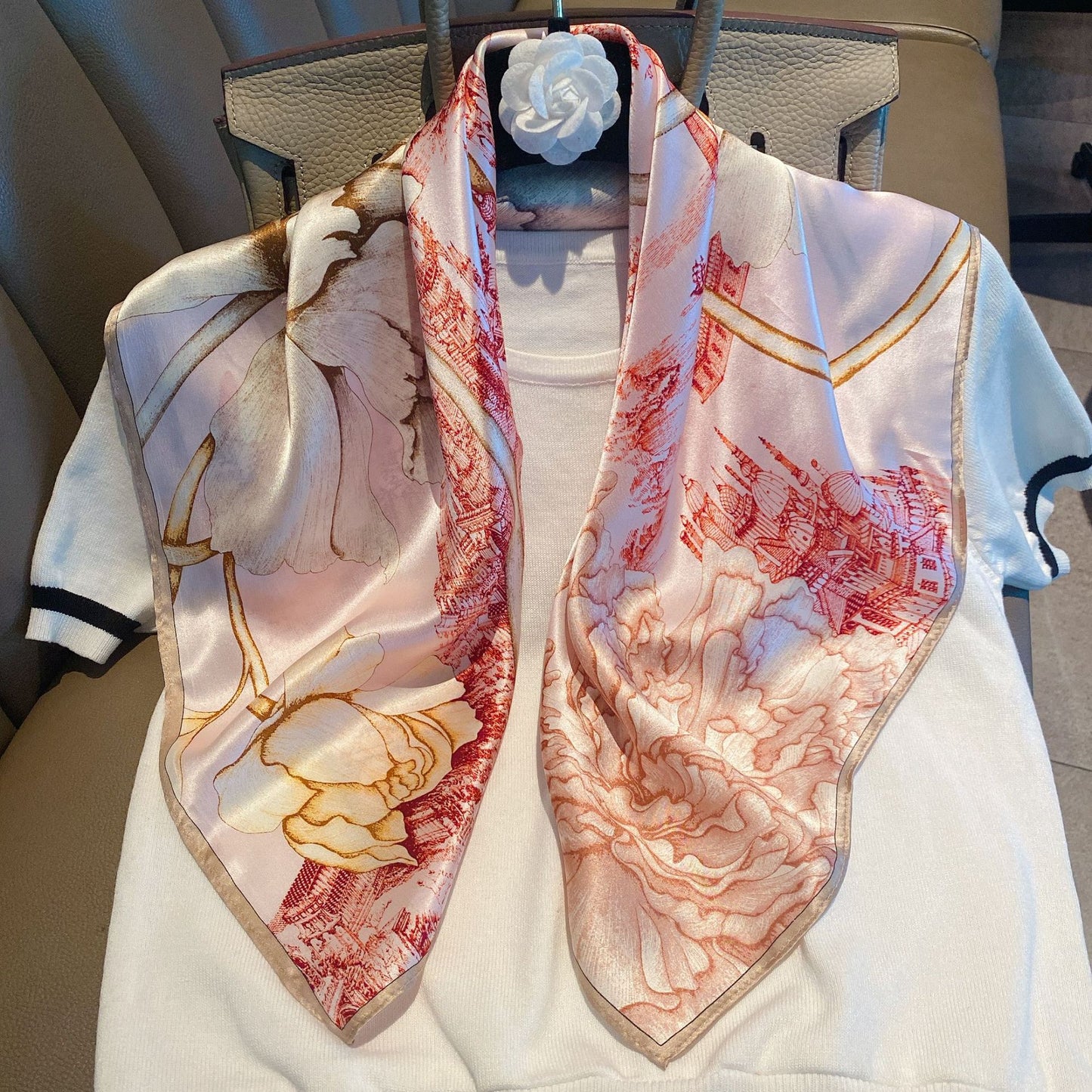 Vintage Ethnic Pattern Silk Scarf for Women, Pure Satin Silk Gift Square Scarf, Mulberry Silk Scarf