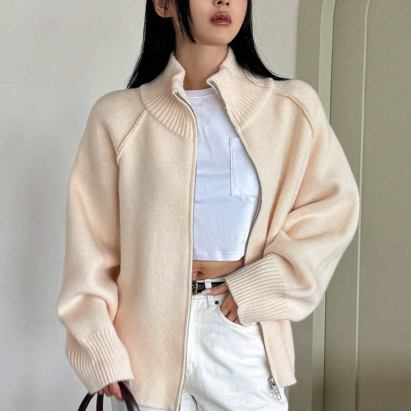 Lazy Style Knit Cardigan Coat for WomenSolid Color Stand Collar Zipper Sweater Top