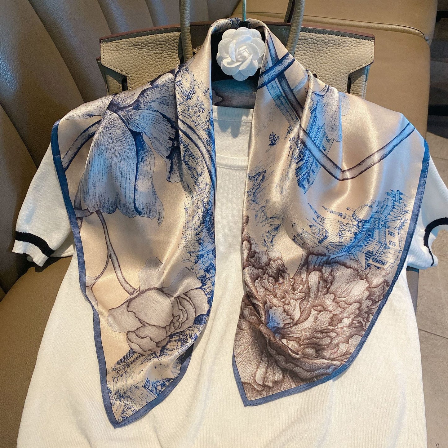 Vintage Ethnic Pattern Silk Scarf for Women, Pure Satin Silk Gift Square Scarf, Mulberry Silk Scarf