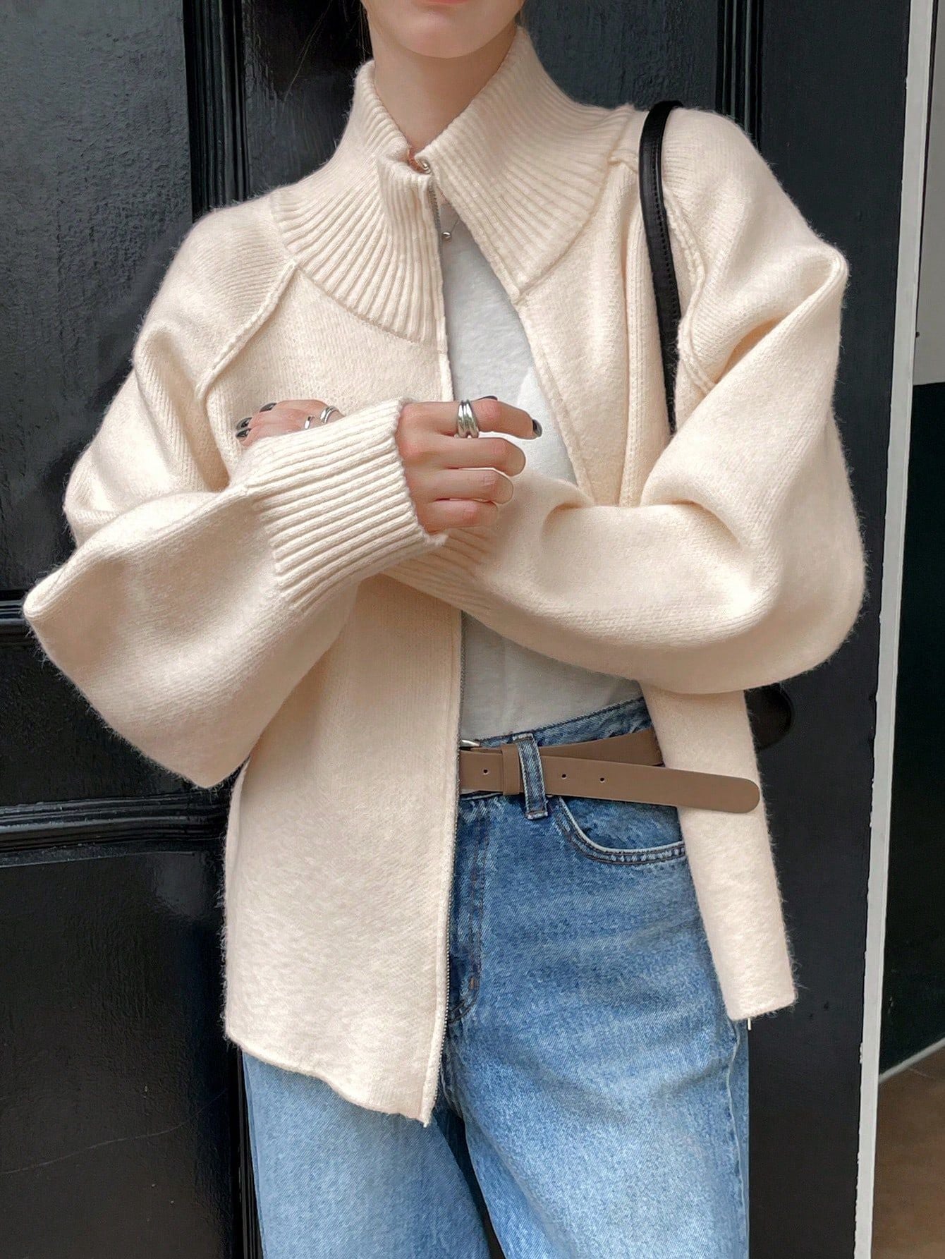 Lazy Style Knit Cardigan Coat for WomenSolid Color Stand Collar Zipper Sweater Top