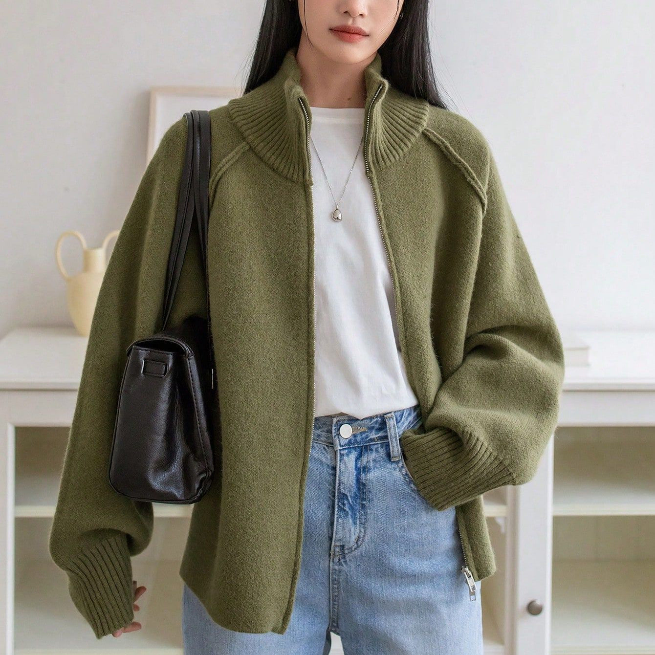 Lazy Style Knit Cardigan Coat for WomenSolid Color Stand Collar Zipper Sweater Top