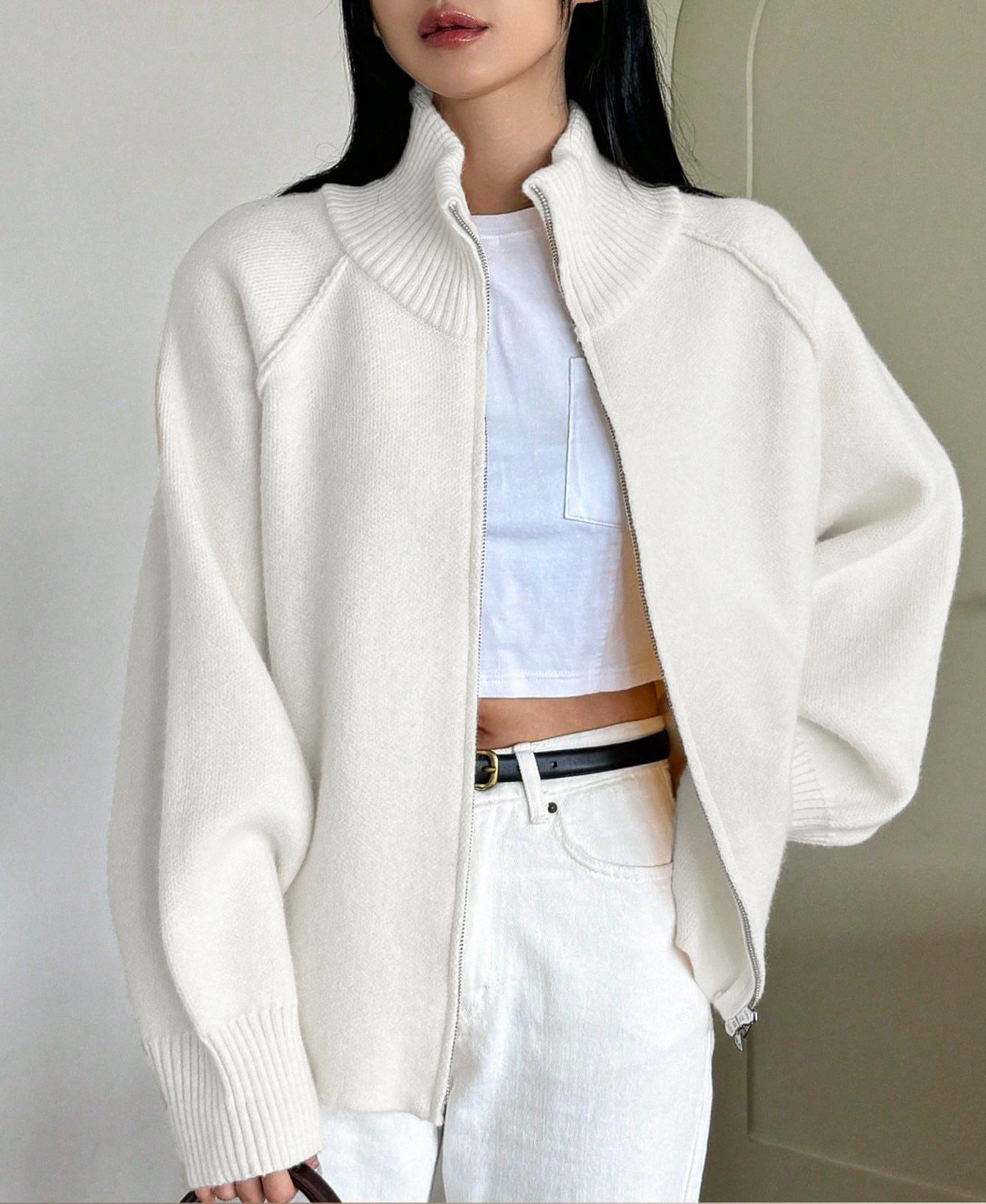 Lazy Style Knit Cardigan Coat for WomenSolid Color Stand Collar Zipper Sweater Top