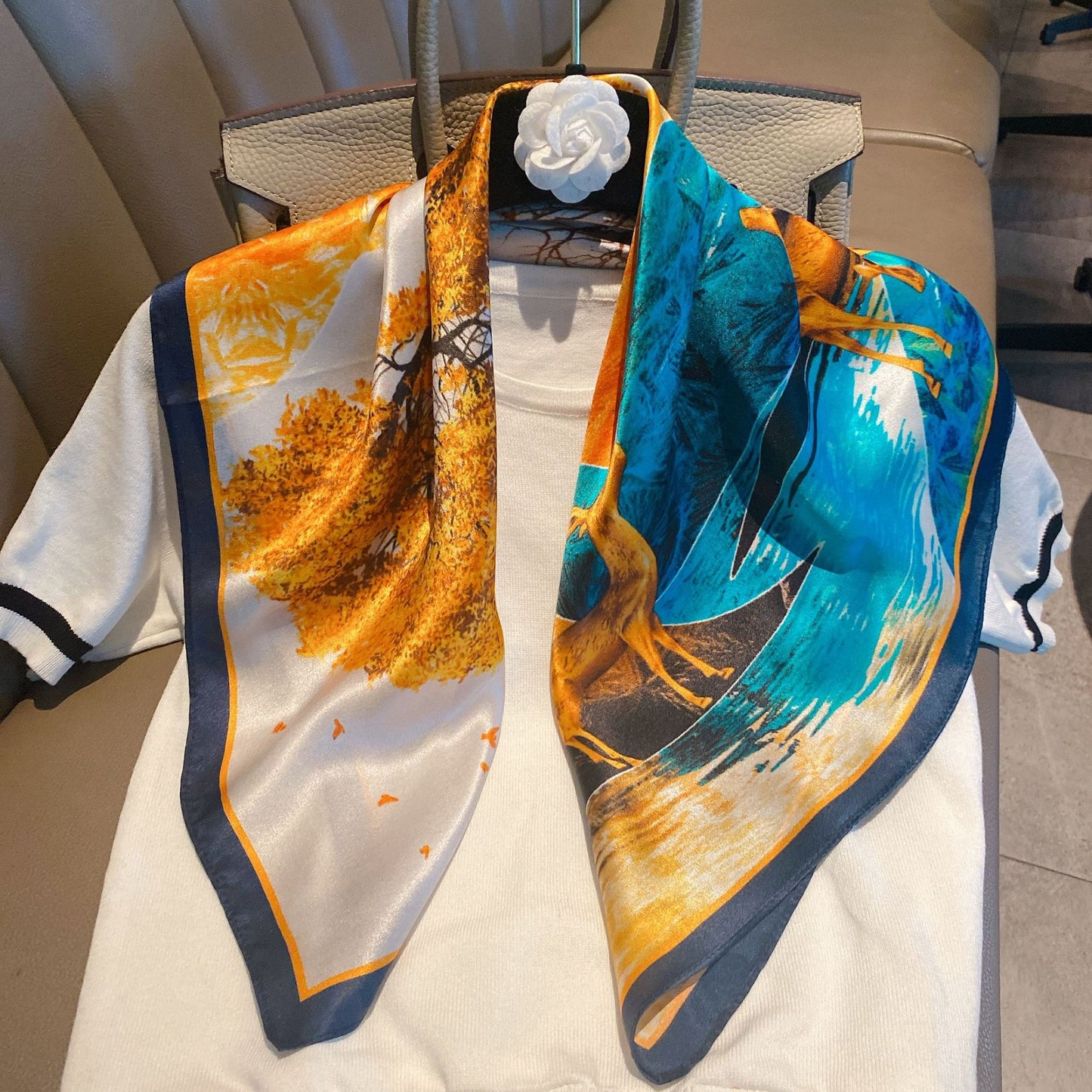 Vintage Ethnic Pattern Silk Scarf for Women, Pure Satin Silk Gift Square Scarf, Mulberry Silk Scarf
