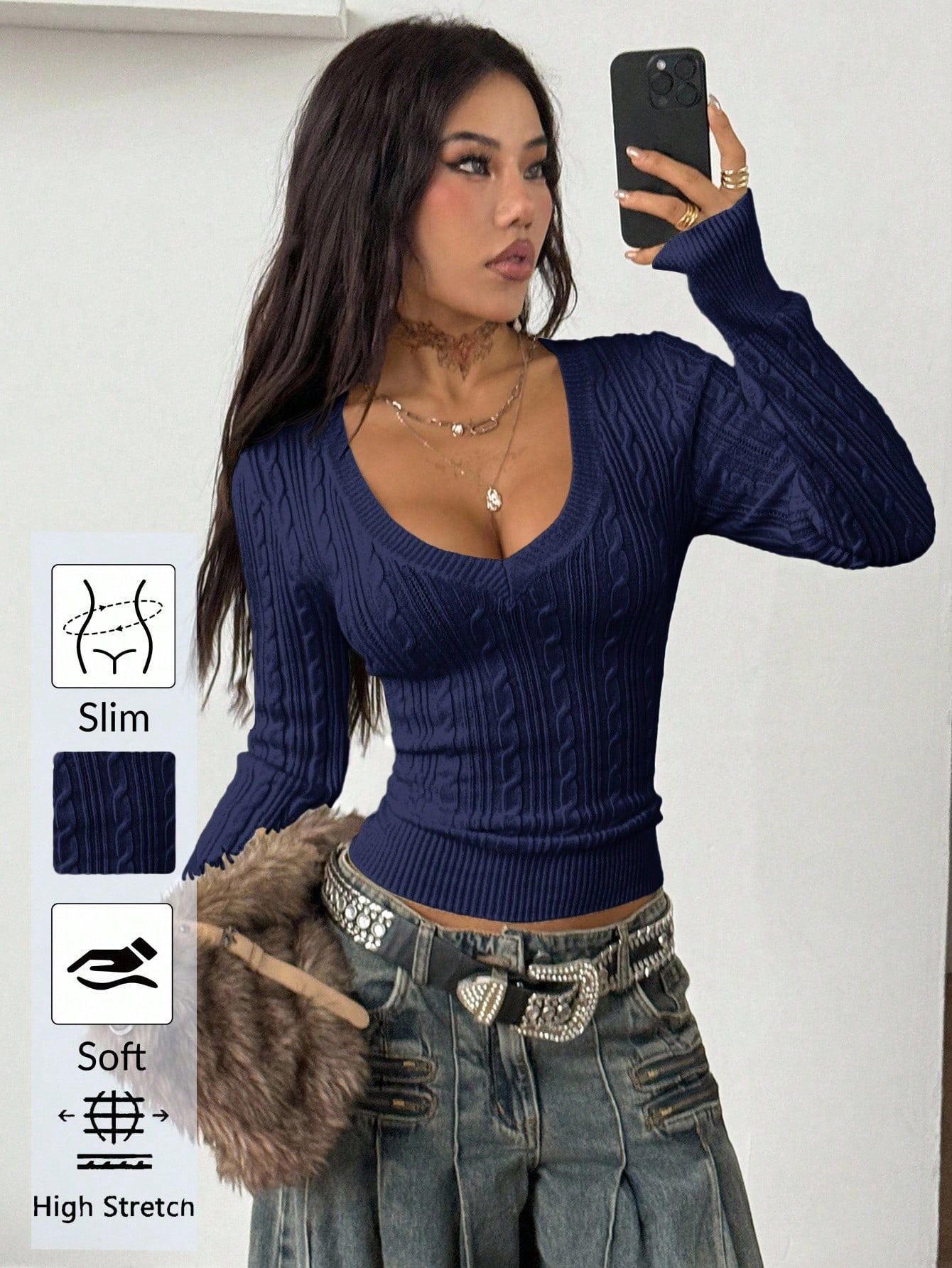Chic V-Neck Cable Knit Sweater for Women Fitted Short Length, Slimming Long Sleeve Pullover