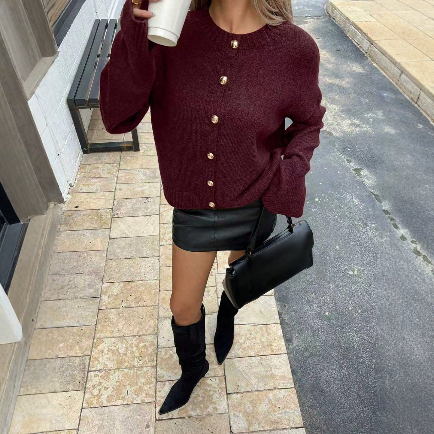 Women's Long Sleeve Knit Cardigan, Round Neck, Gold Button, Solid Color, Loose Fit Sweater Coat