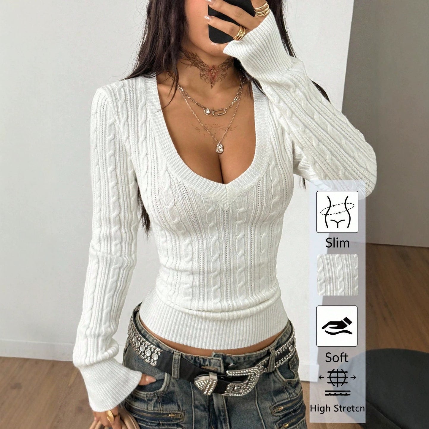 Chic V-Neck Cable Knit Sweater for Women Fitted Short Length, Slimming Long Sleeve Pullover