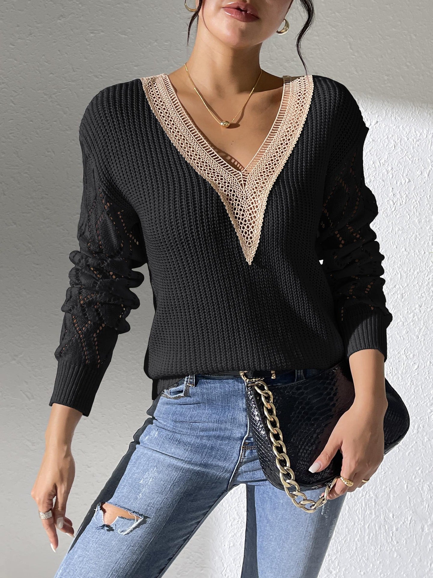 Women's Top Lace V-Neck Color-block Knit Sweater Casual Basic