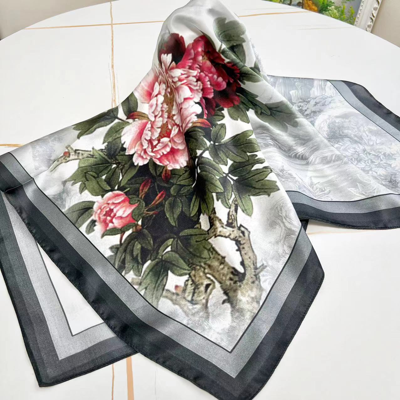 Vintage Ethnic Pattern Silk Scarf for Women, Pure Satin Silk Gift Square Scarf, Mulberry Silk Scarf