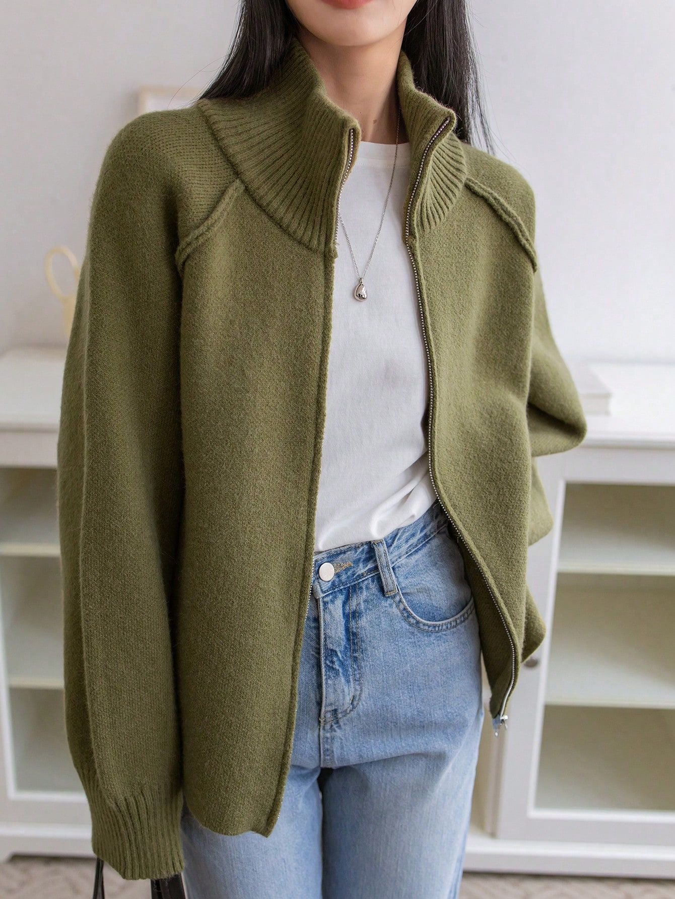 Lazy Style Knit Cardigan Coat for WomenSolid Color Stand Collar Zipper Sweater Top
