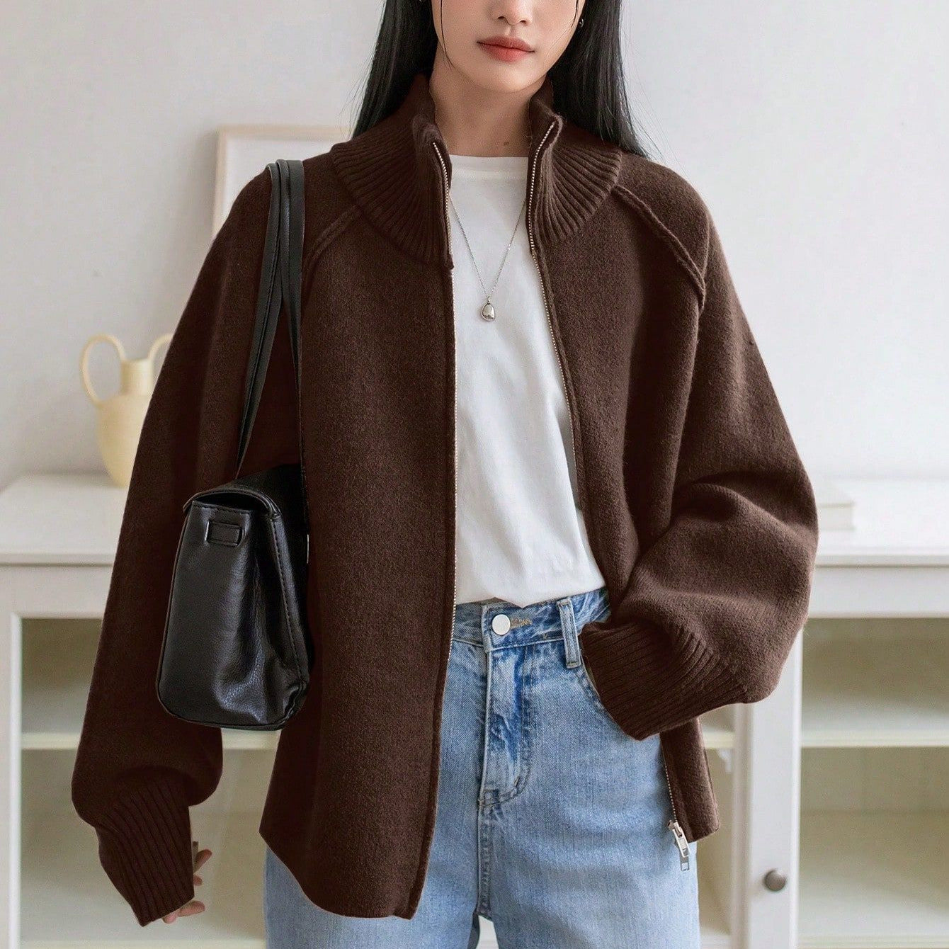 Lazy Style Knit Cardigan Coat for WomenSolid Color Stand Collar Zipper Sweater Top