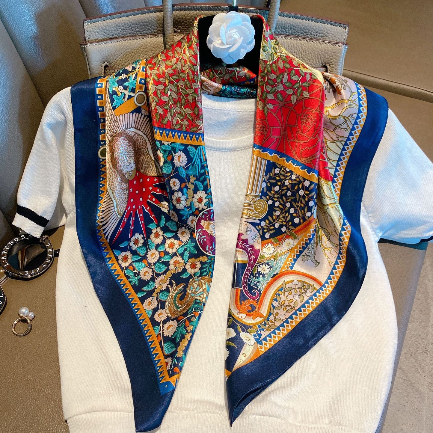 Vintage Ethnic Pattern Silk Scarf for Women, Pure Satin Silk Gift Square Scarf, Mulberry Silk Scarf