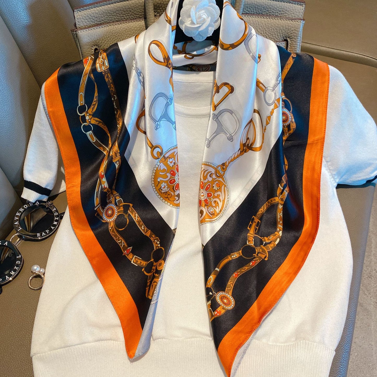 Vintage Ethnic Pattern Silk Scarf for Women, Pure Satin Silk Gift Square Scarf, Mulberry Silk Scarf