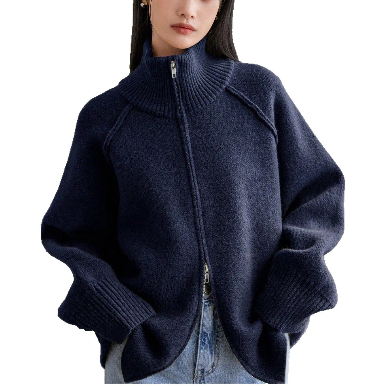 Lazy Style Knit Cardigan Coat for WomenSolid Color Stand Collar Zipper Sweater Top