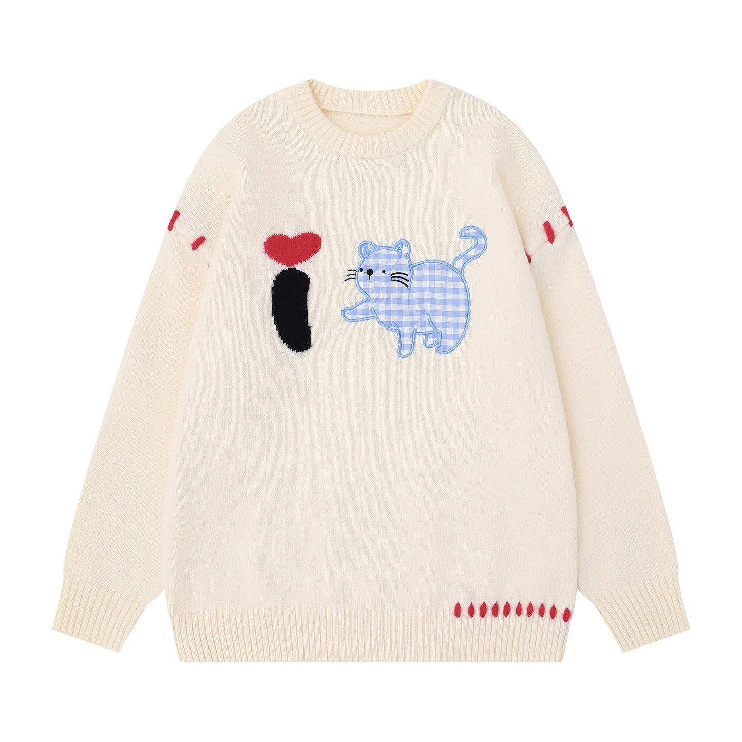 Checkered cat patch embroidered sweater