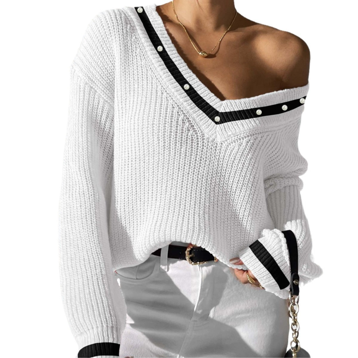 Women's Top Color-block Spliced V-neck Long Sleeve Knit Sweater Beaded Casual Layering Shirt