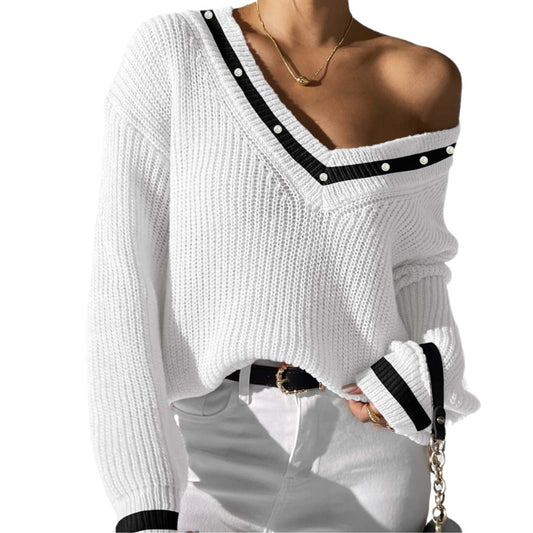 Women's Top Color-block Spliced V-neck Long Sleeve Knit Sweater Beaded Casual Layering Shirt