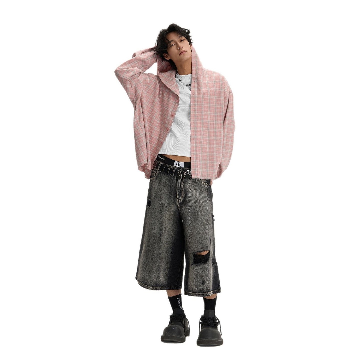 Retro ripped denim shorts for men