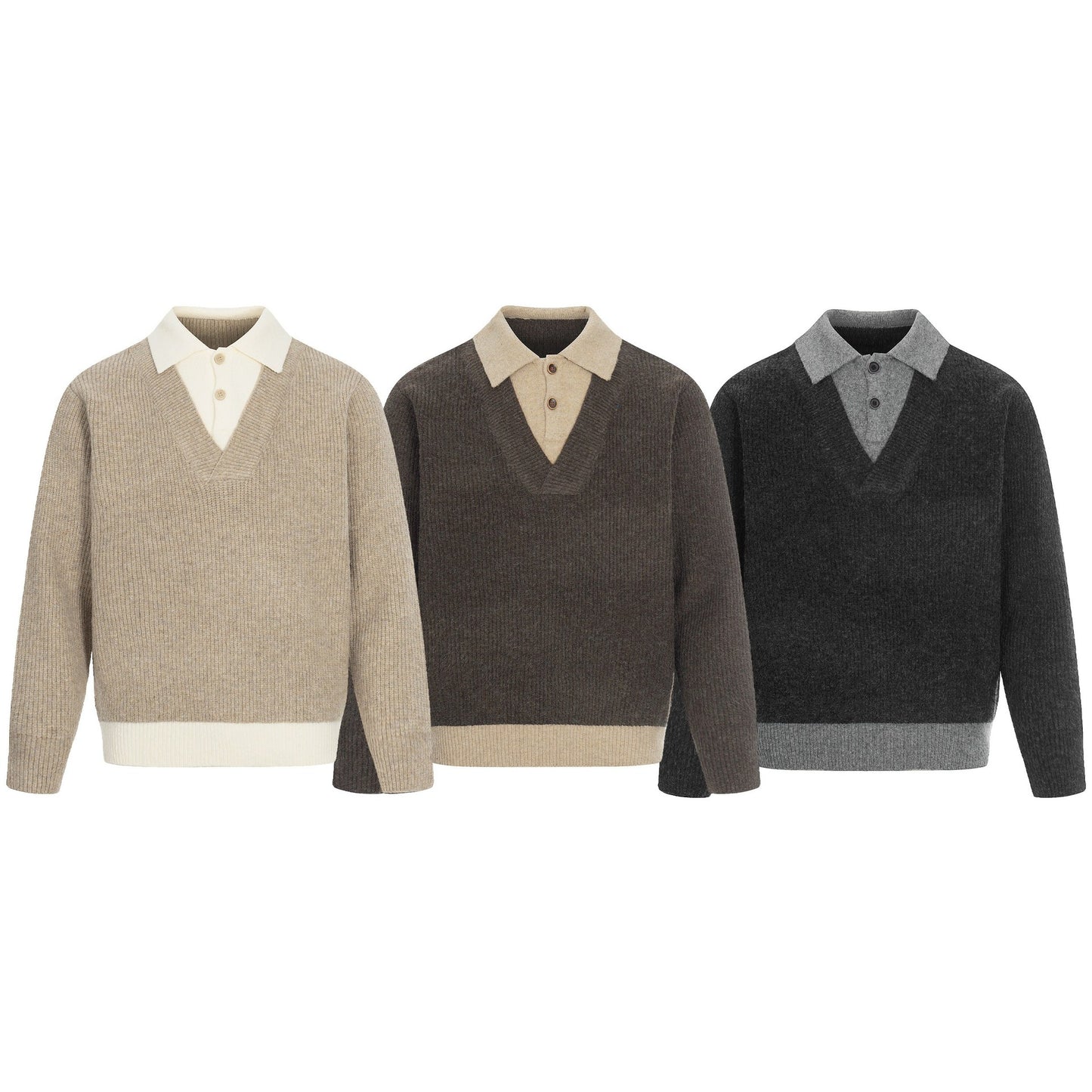 Color-blocked Mock Two-piece Polo Neck Knit Sweater for Men