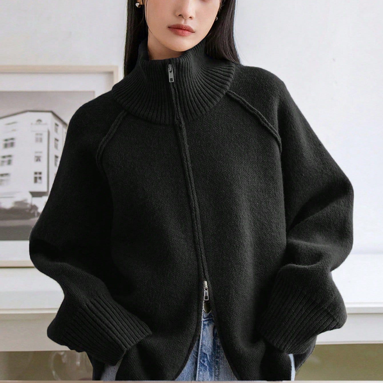 Lazy Style Knit Cardigan Coat for WomenSolid Color Stand Collar Zipper Sweater Top