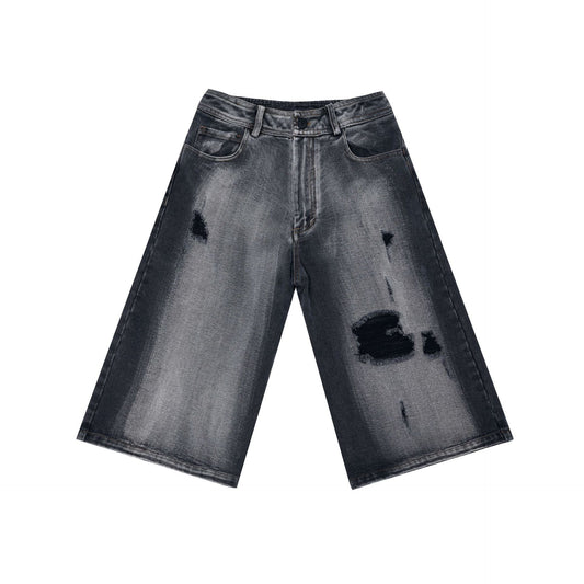 Retro ripped denim shorts for men