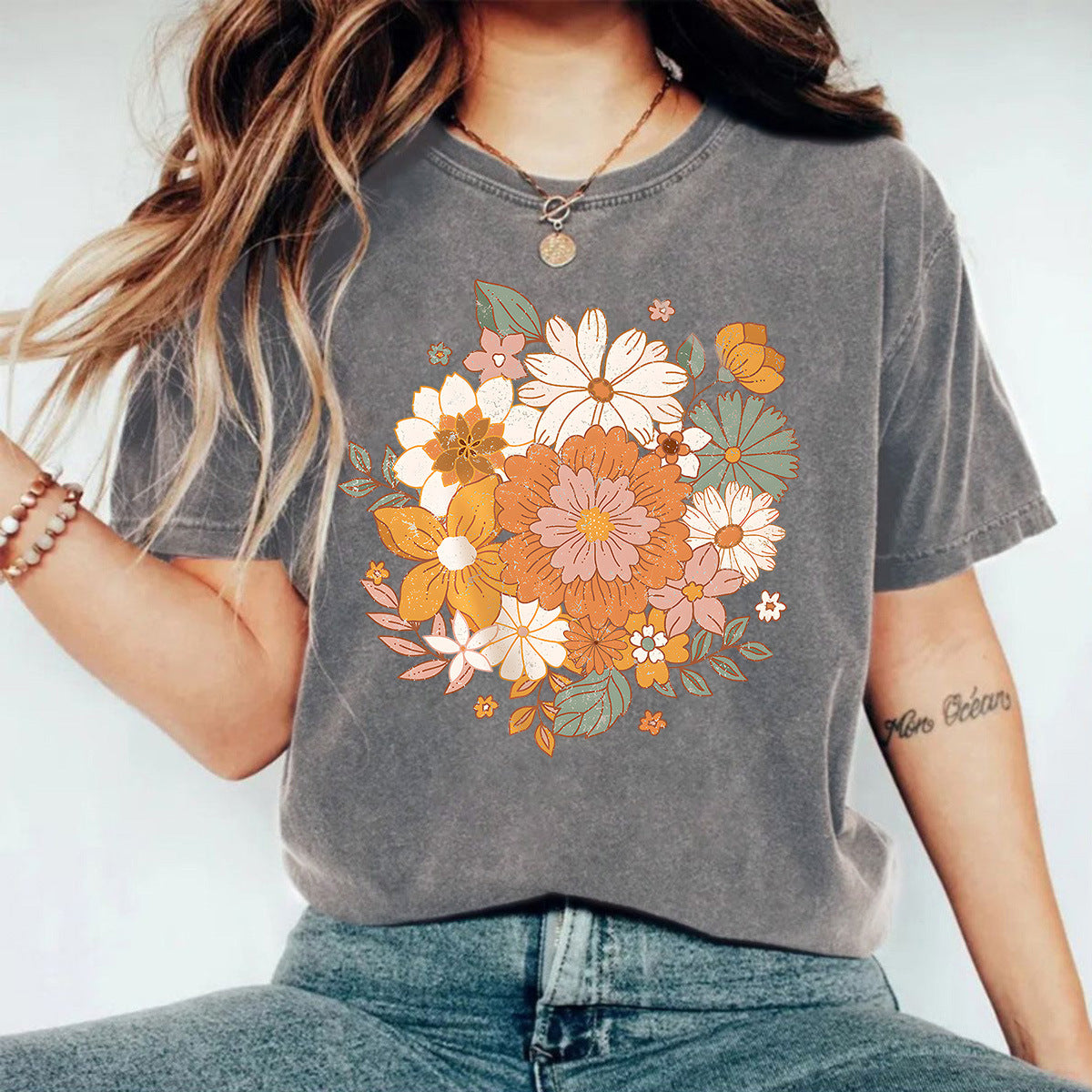 Washed and used T-shirt with printed T-shirt