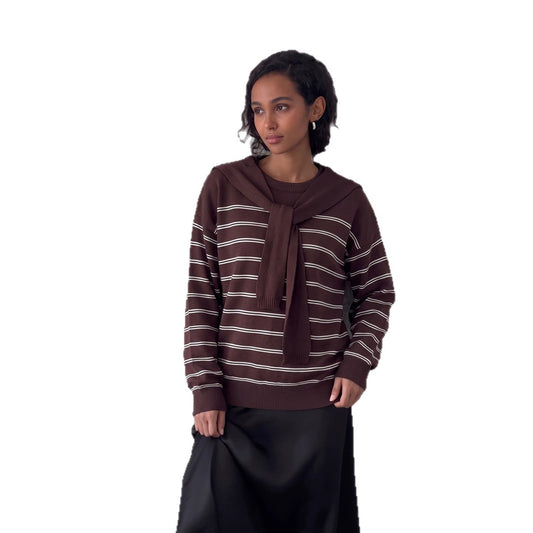 two-piece set detachable navy collar round neck striped long sleeve knitted sweater women loose top
