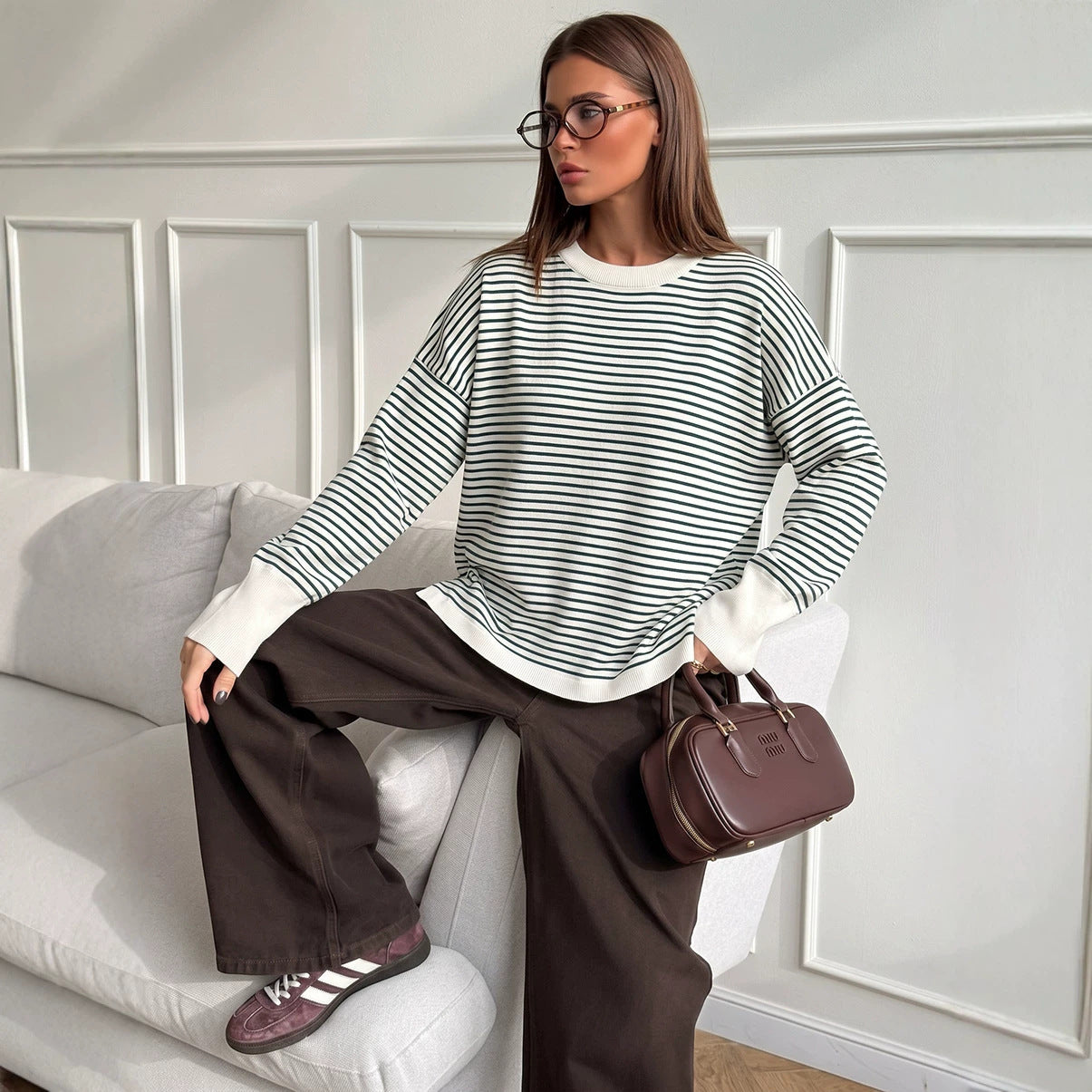 high-end striped sweater for women, loose lazy style chic crewneck top