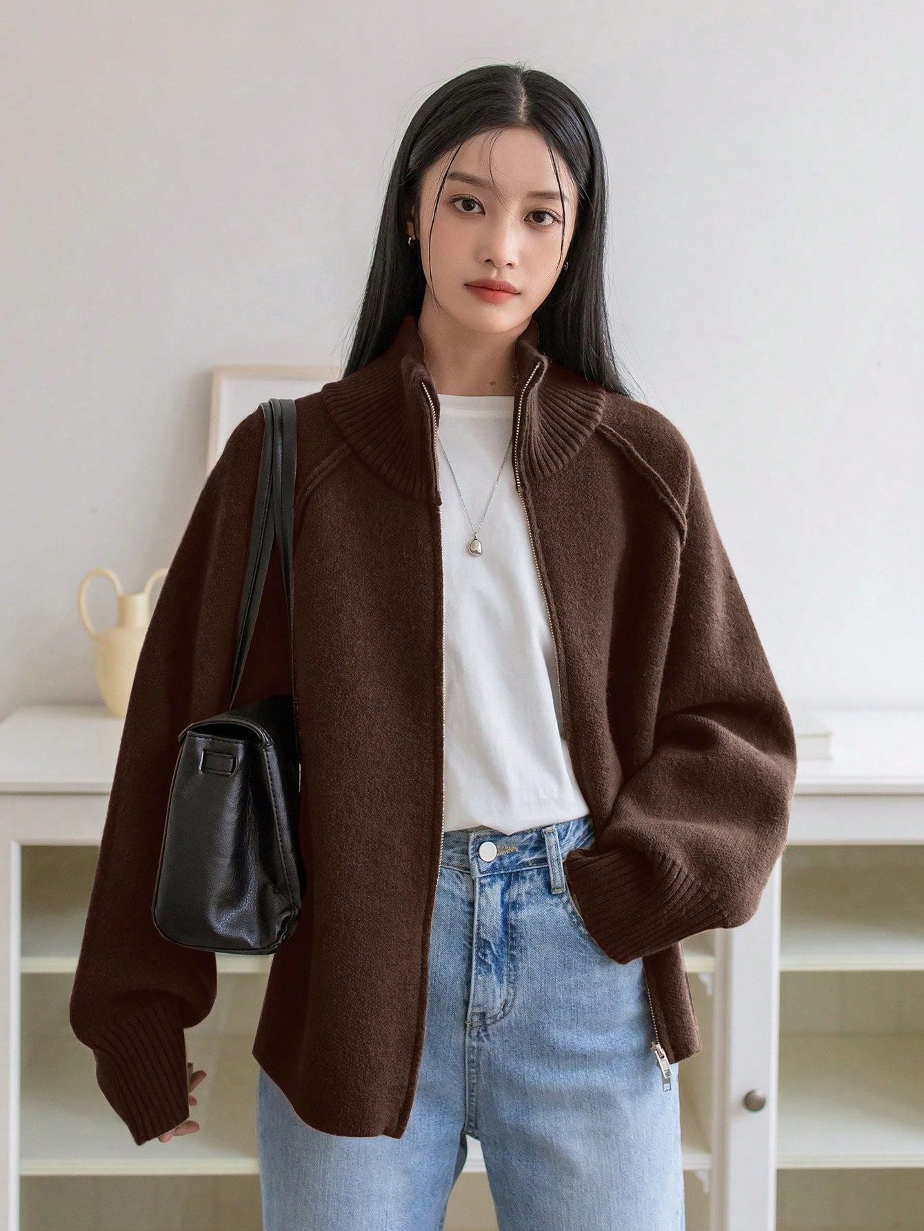 Lazy Style Knit Cardigan Coat for WomenSolid Color Stand Collar Zipper Sweater Top