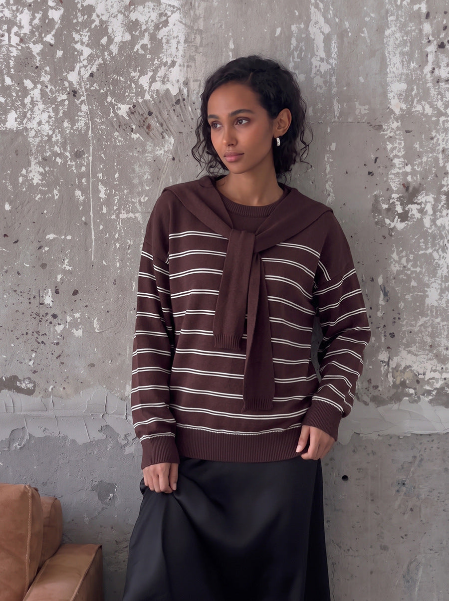 two-piece set detachable navy collar round neck striped long sleeve knitted sweater women loose top