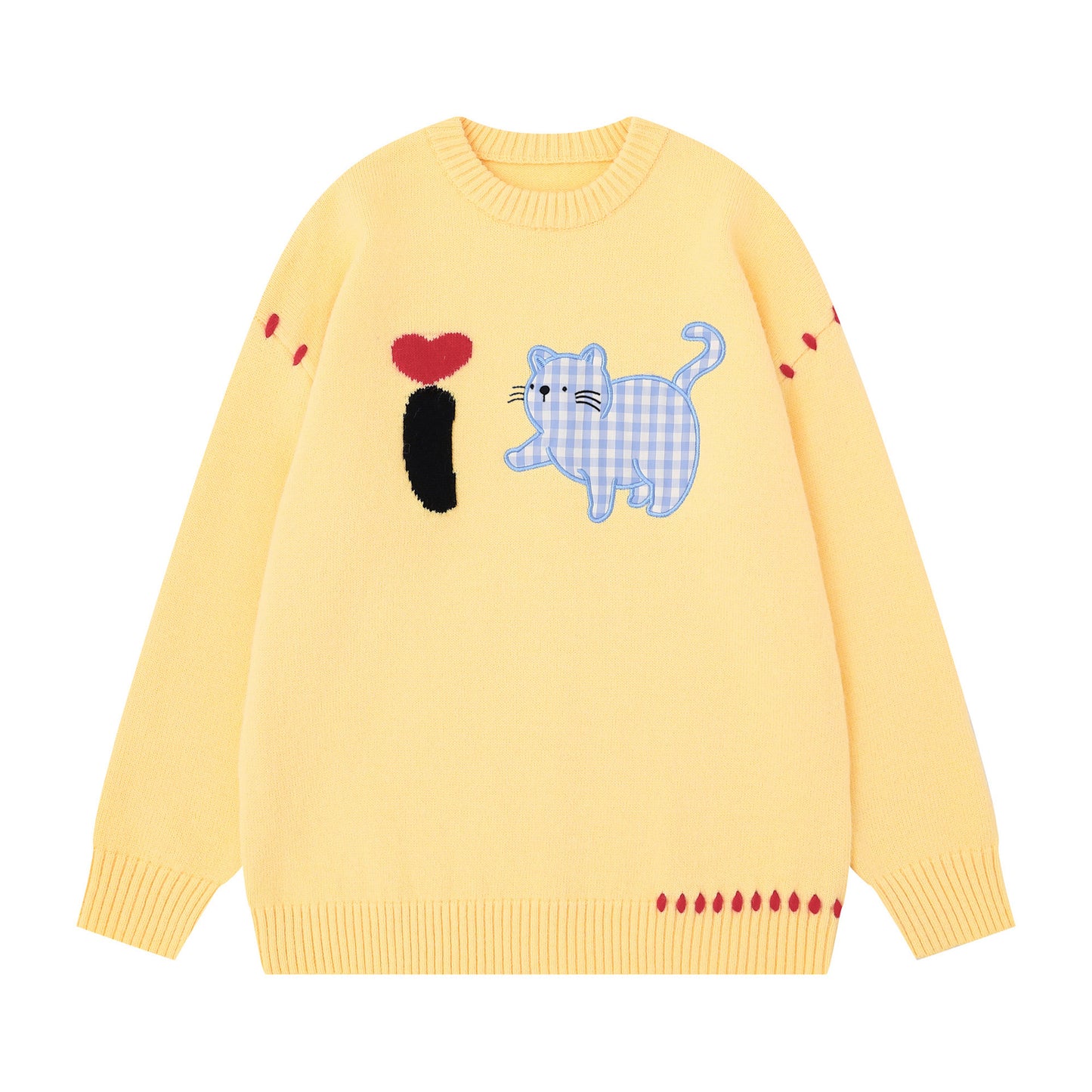 Checkered cat patch embroidered sweater