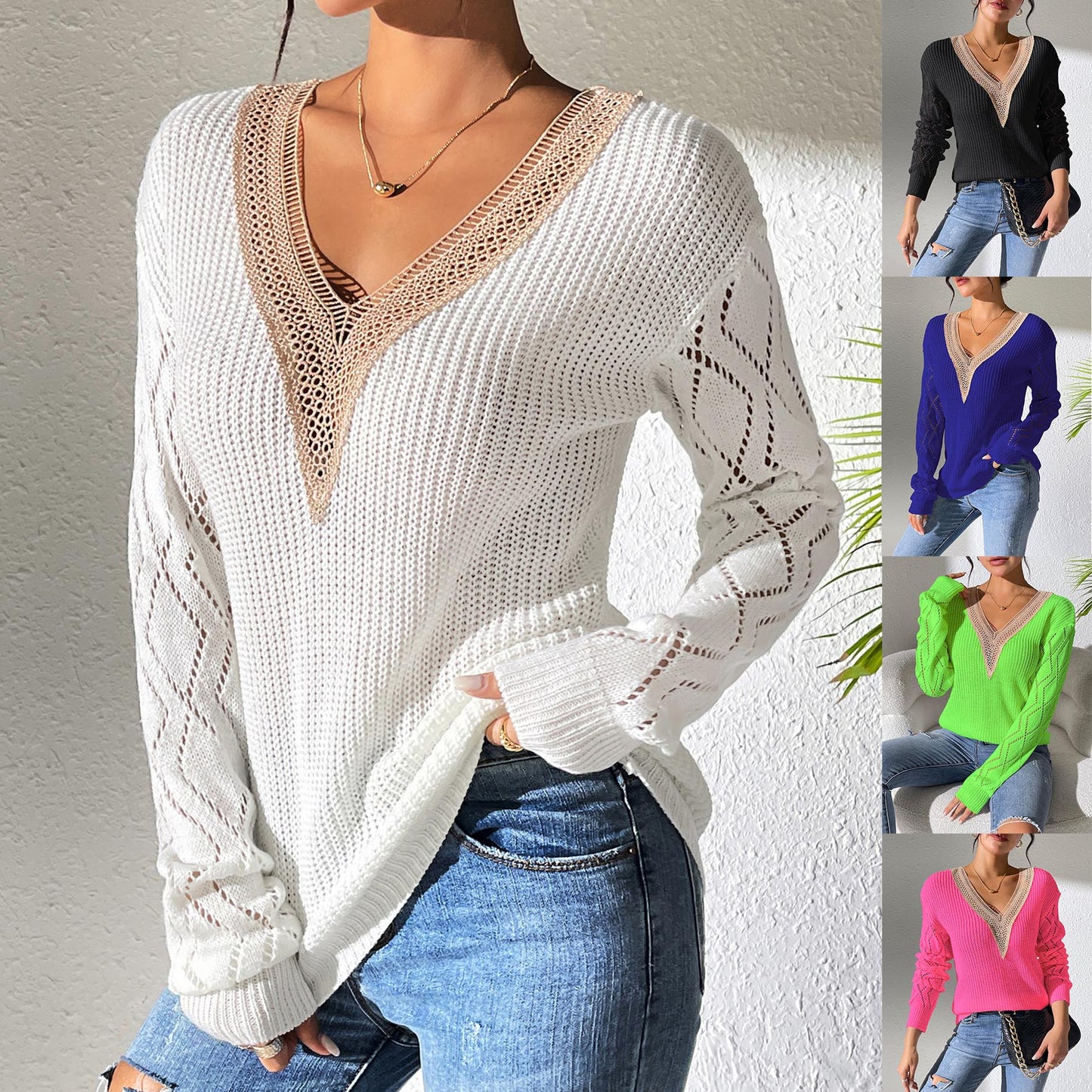 Women's Top Lace V-Neck Color-block Knit Sweater Casual Basic