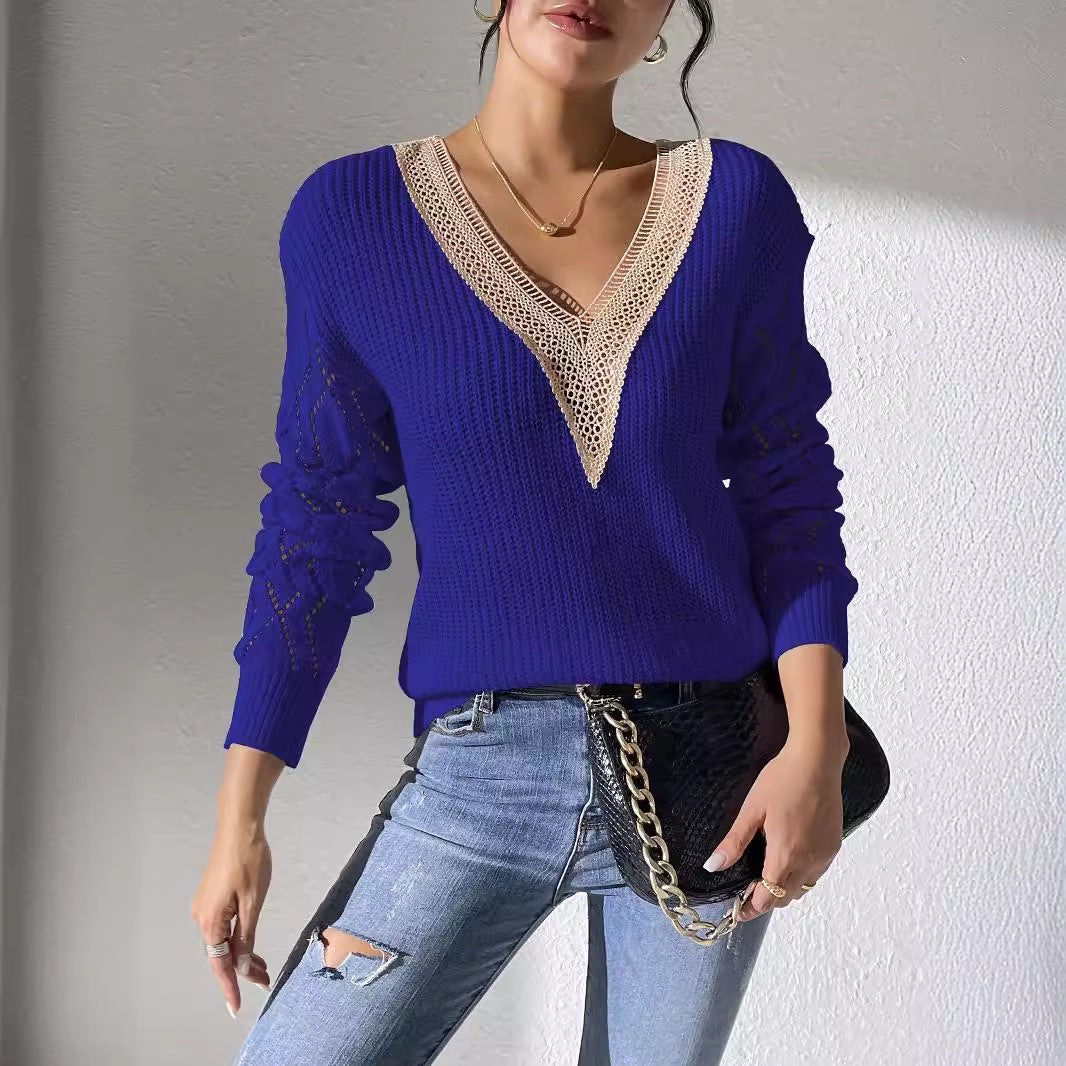 Women's Top Lace V-Neck Color-block Knit Sweater Casual Basic