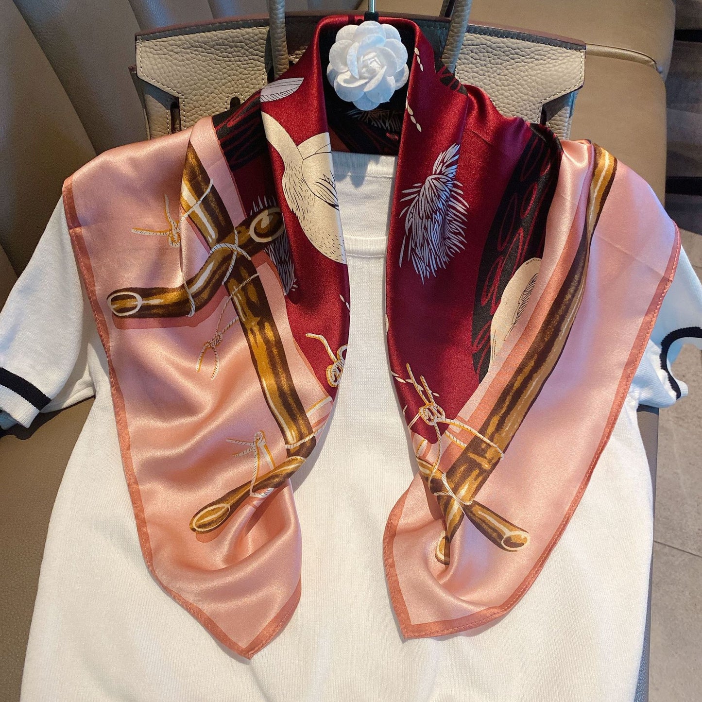 Vintage Ethnic Pattern Silk Scarf for Women, Pure Satin Silk Gift Square Scarf, Mulberry Silk Scarf