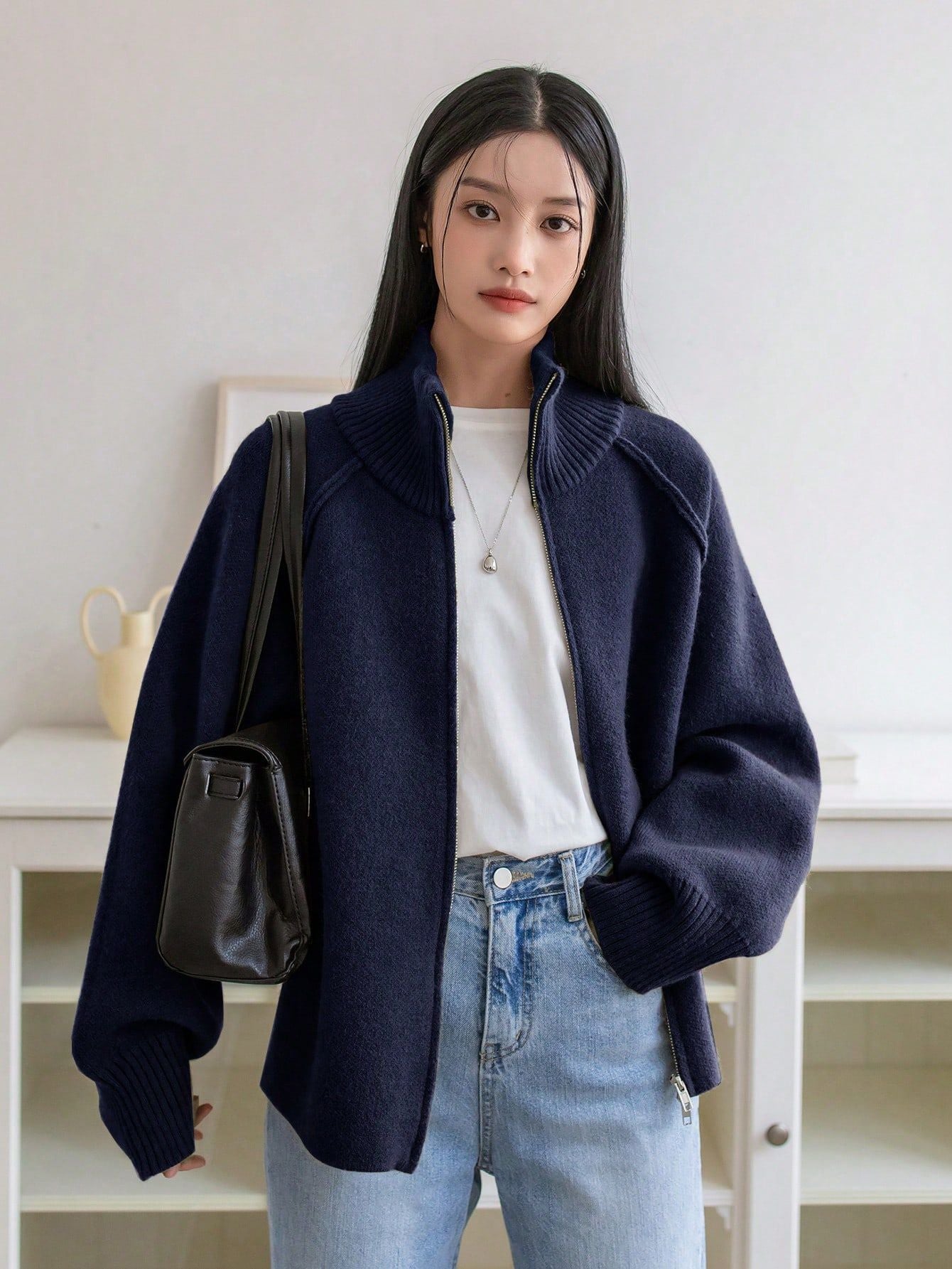Lazy Style Knit Cardigan Coat for WomenSolid Color Stand Collar Zipper Sweater Top