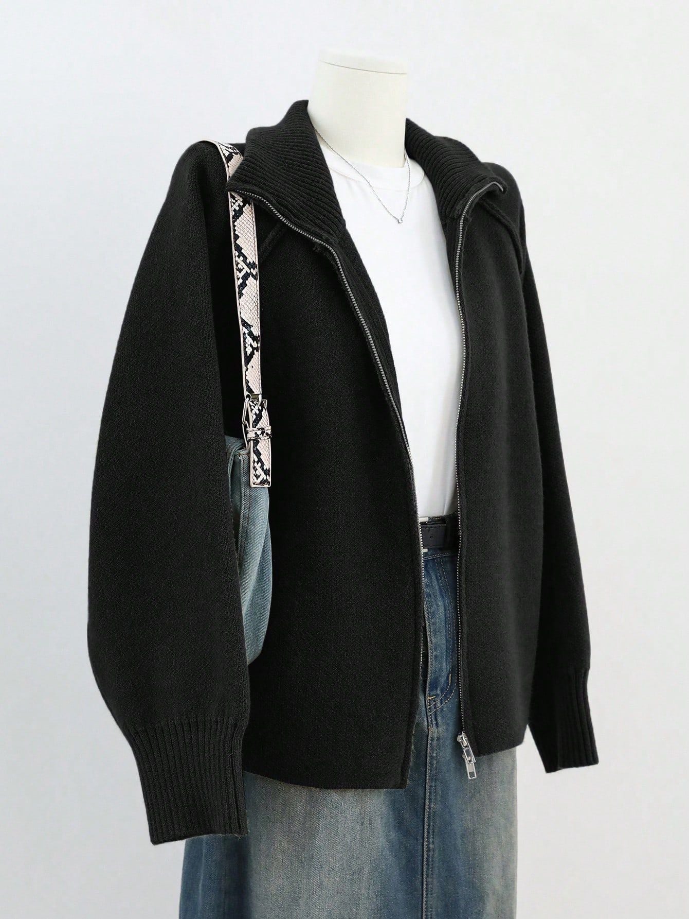 Lazy Style Knit Cardigan Coat for WomenSolid Color Stand Collar Zipper Sweater Top
