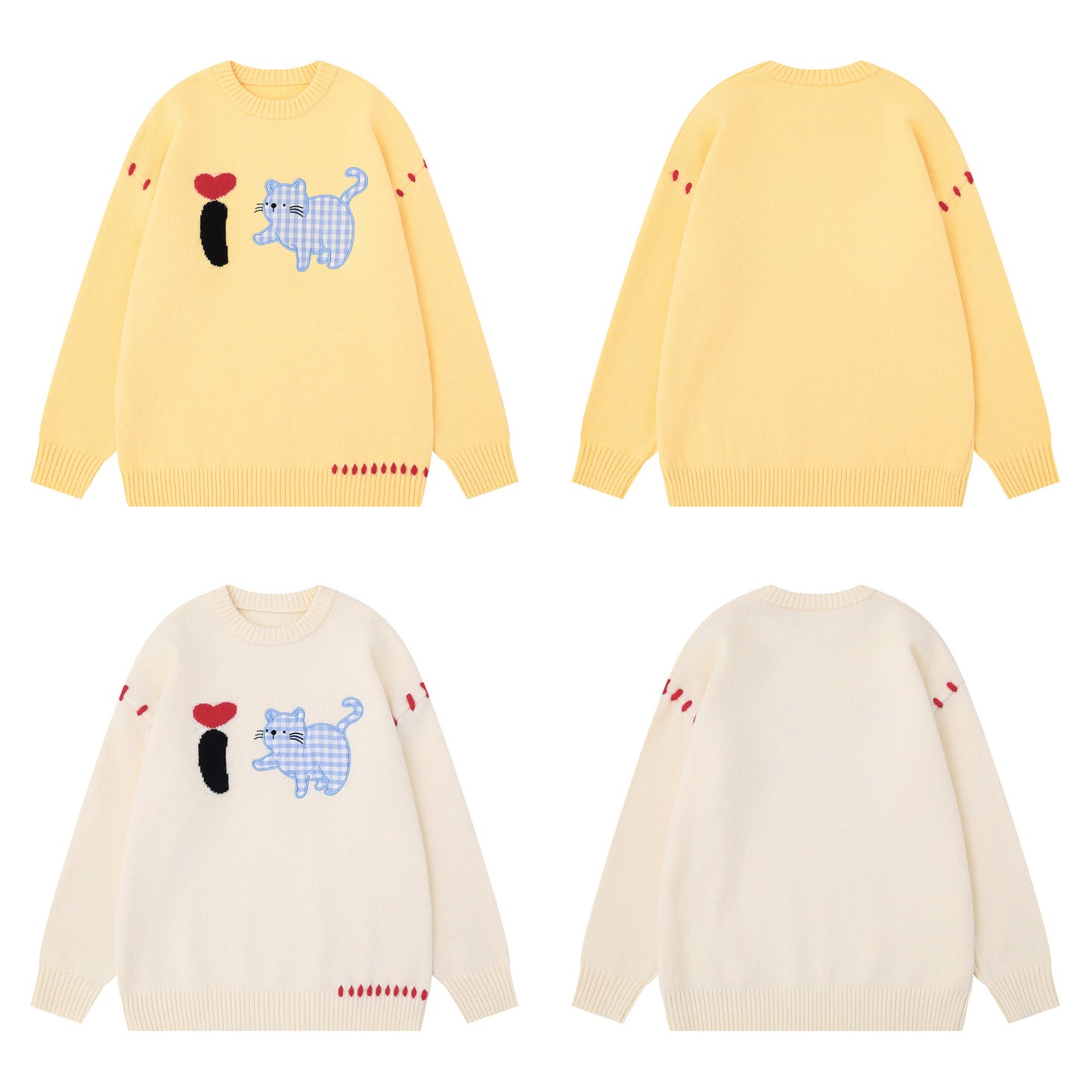 Checkered cat patch embroidered sweater