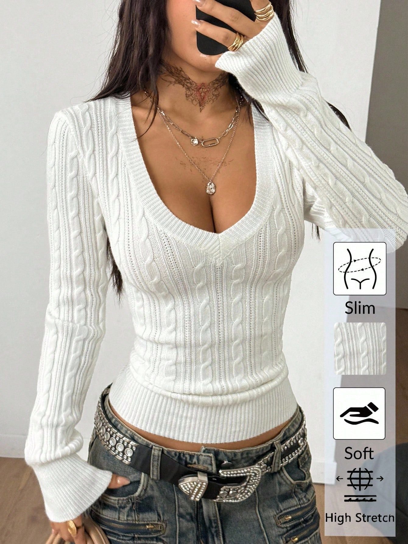Chic V-Neck Cable Knit Sweater for Women Fitted Short Length, Slimming Long Sleeve Pullover