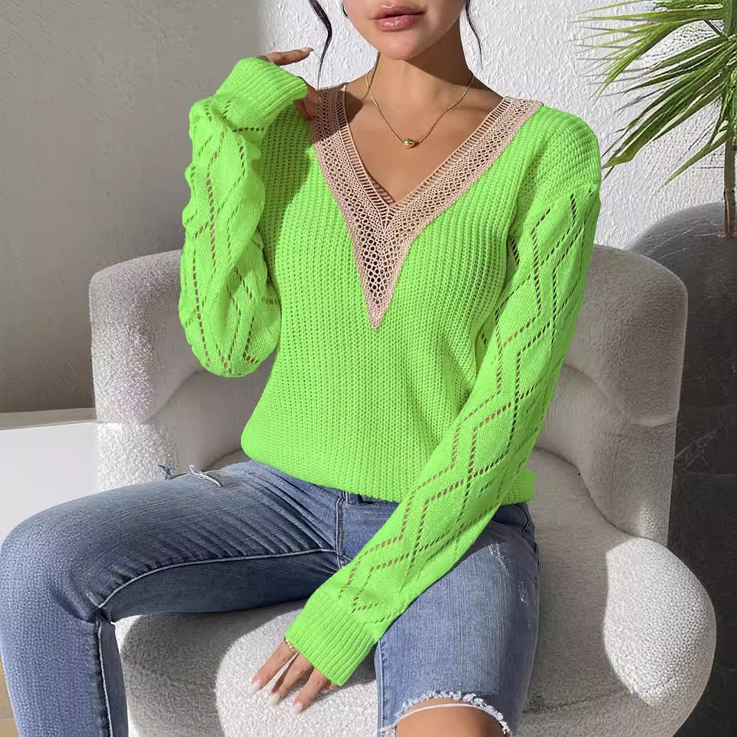 Women's Top Lace V-Neck Color-block Knit Sweater Casual Basic