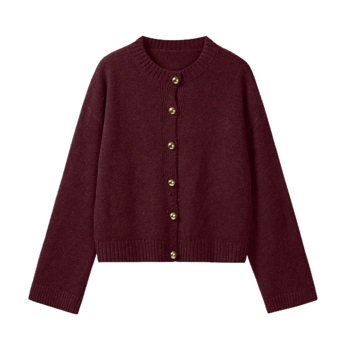 Women's Long Sleeve Knit Cardigan, Round Neck, Gold Button, Solid Color, Loose Fit Sweater Coat
